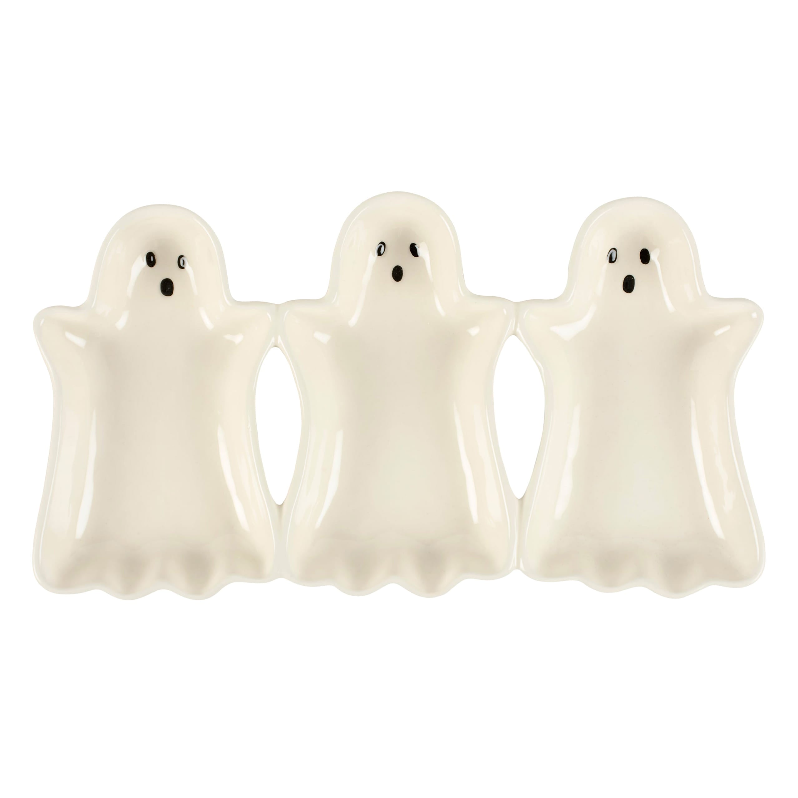 Three white ceramic ghost shaped serving dishes with black eyes and mouths perfect for halloween paper plates use