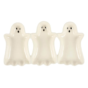 Three white ceramic ghost shaped serving dishes with black eyes and mouths perfect for halloween paper plates use