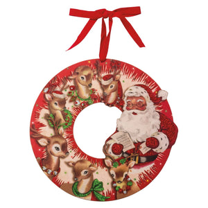 Red retro santa wreath christmas wreath featuring santa postcard wreath with vintage reindeer and green holly by annie schickel