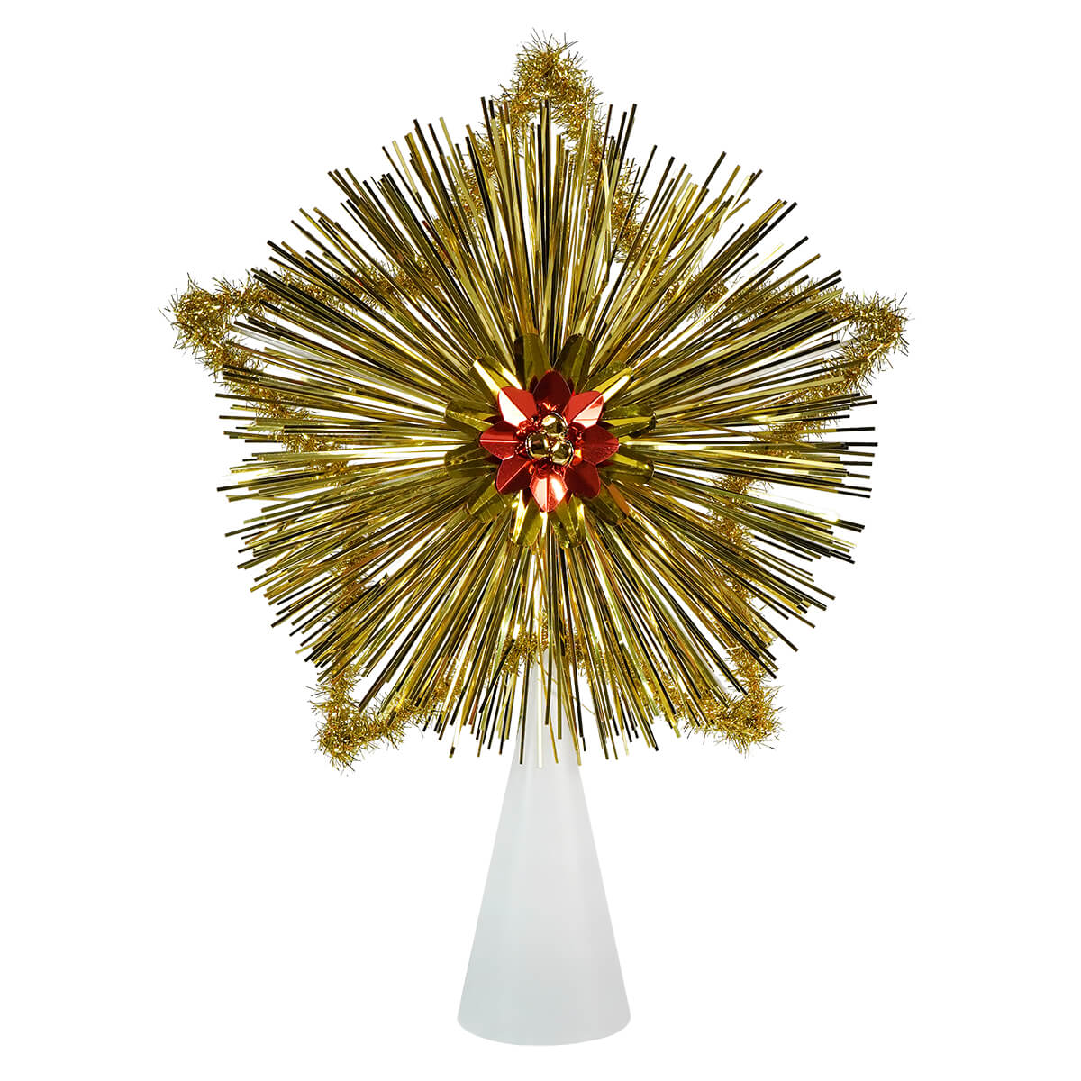 13.5 inch gold star treetop with champagne gold star design featuring metallic tinsel spikes and red floral center