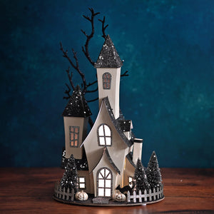 13.5 inch led lighted spooky halloween haunted house with white and black glitter, pumpkins, trees, and picket fence for halloween village houses and accessories
