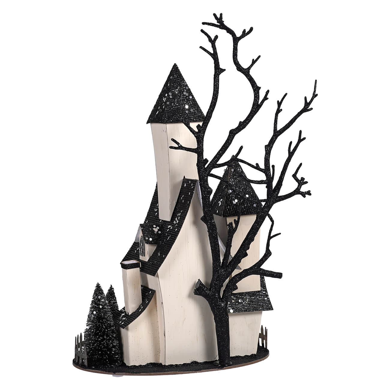 Black and white glittery 13.5 inch led lighted spooky halloween haunted house figurine with trees for halloween village houses accessories