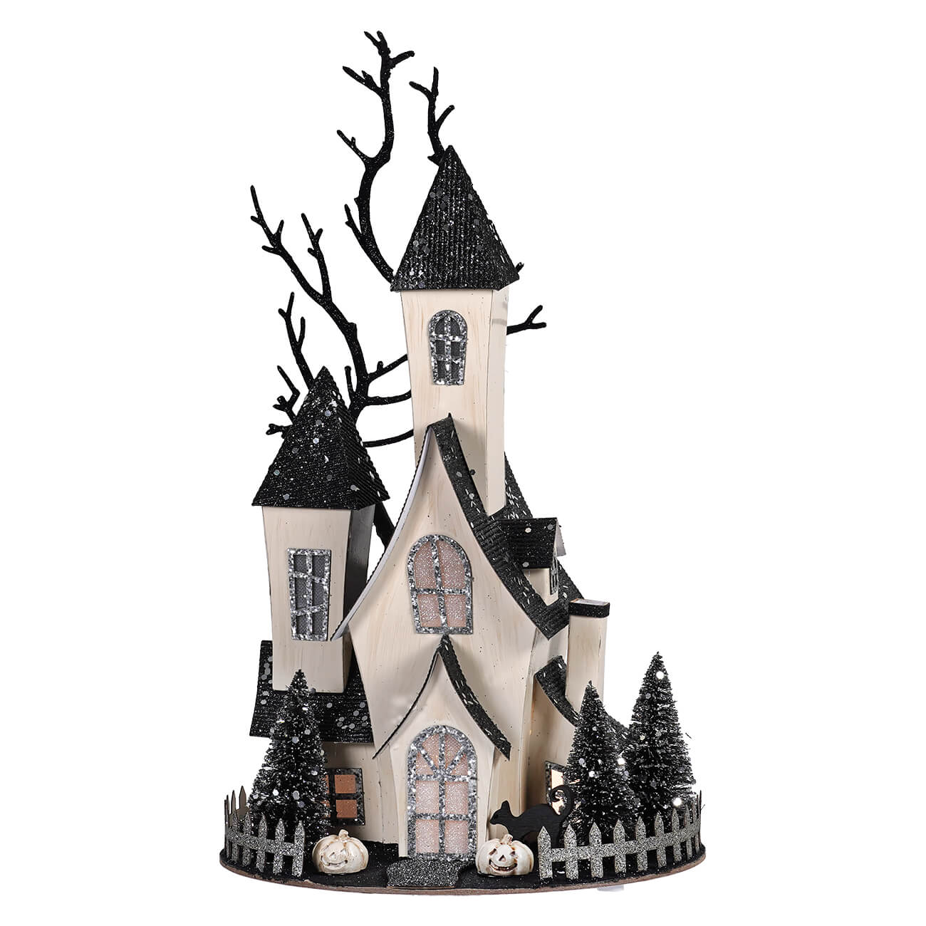 13.5 inch led lighted black and white glittery haunted house with pumpkins and trees for halloween village houses accessories