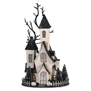 13.5 inch led lighted black and white glittery haunted house with pumpkins and trees for halloween village houses accessories