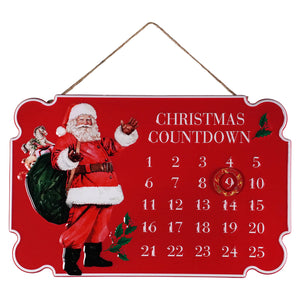 Red metal embossed santa countdown calendar with santa in red suit holding green sack and waving for christmas countdown