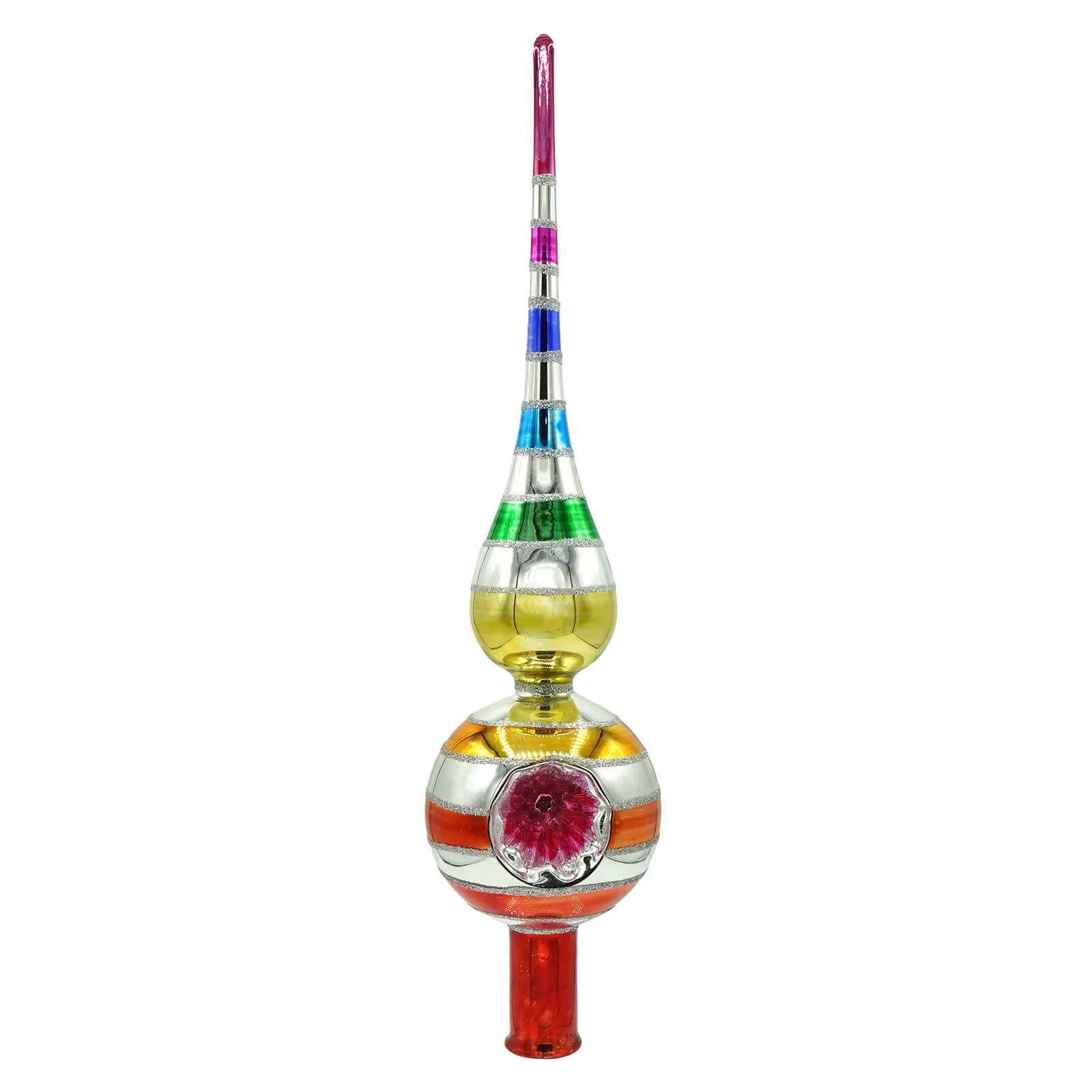 Vibrant cody foster 13.5 spectrum striped glass tree topper with vintage floral design red flower and metallic accents
