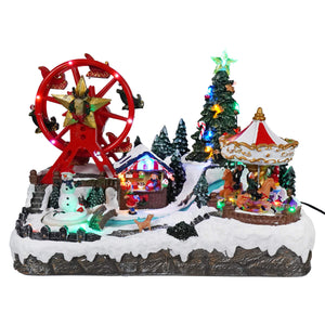 13 inch animated lighted musical christmas carousel and red ferris wheel village with snow and mini figures by gerson companies design