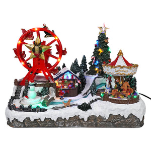 13 inch animated lighted musical christmas carousel and red ferris wheel village on snowy terrain by gerson companies design