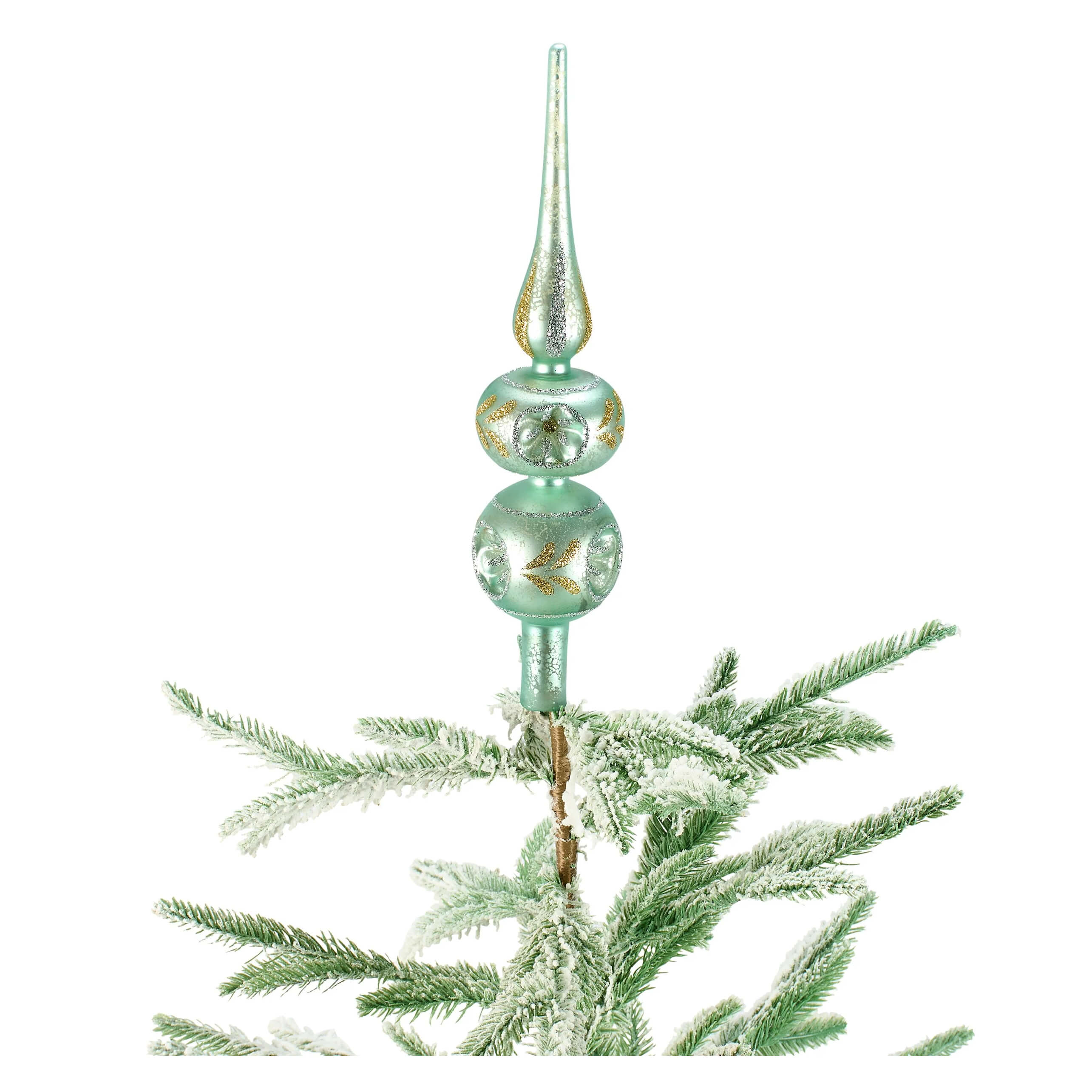 A delicate 13 inch glass tree topper in mint green with gold glitter and floral patterns for blue glass tree decor