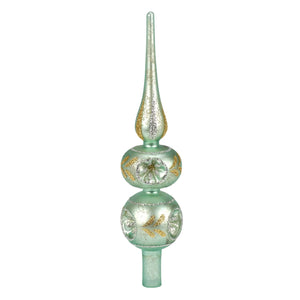 Delicate mint-green glass tree topper with gold leaf and silver glitter accents for blue glass tree toppers and finials