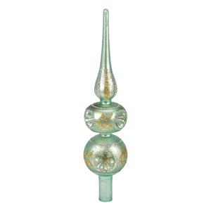A delicate mint green glass tree topper with gold leaf accents from the kathy christmas collection for blue glass tree