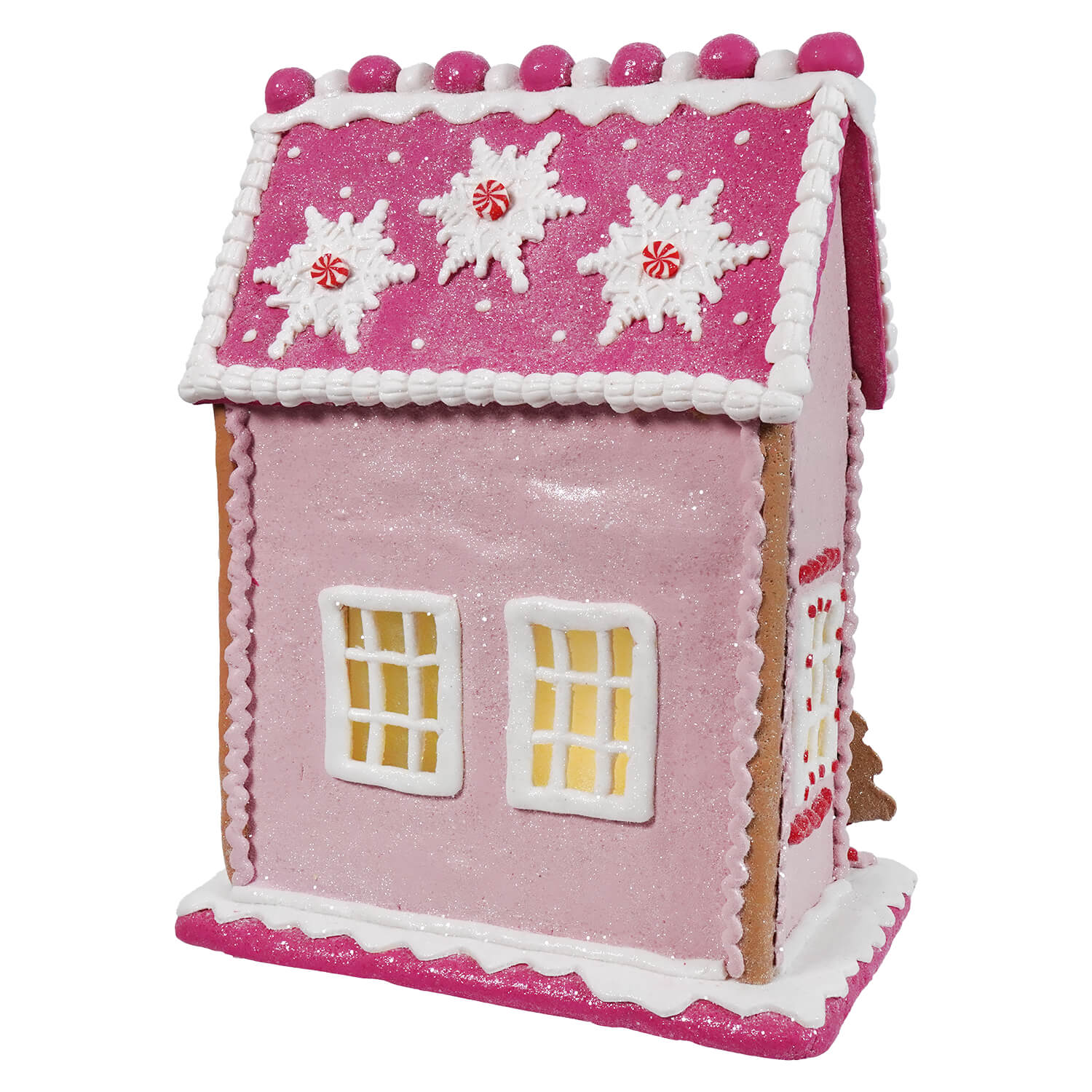 A 13 inch lighted pink gingerbread house by raz imports christmas with glitter, white icing trim, and candy cane snowflakes