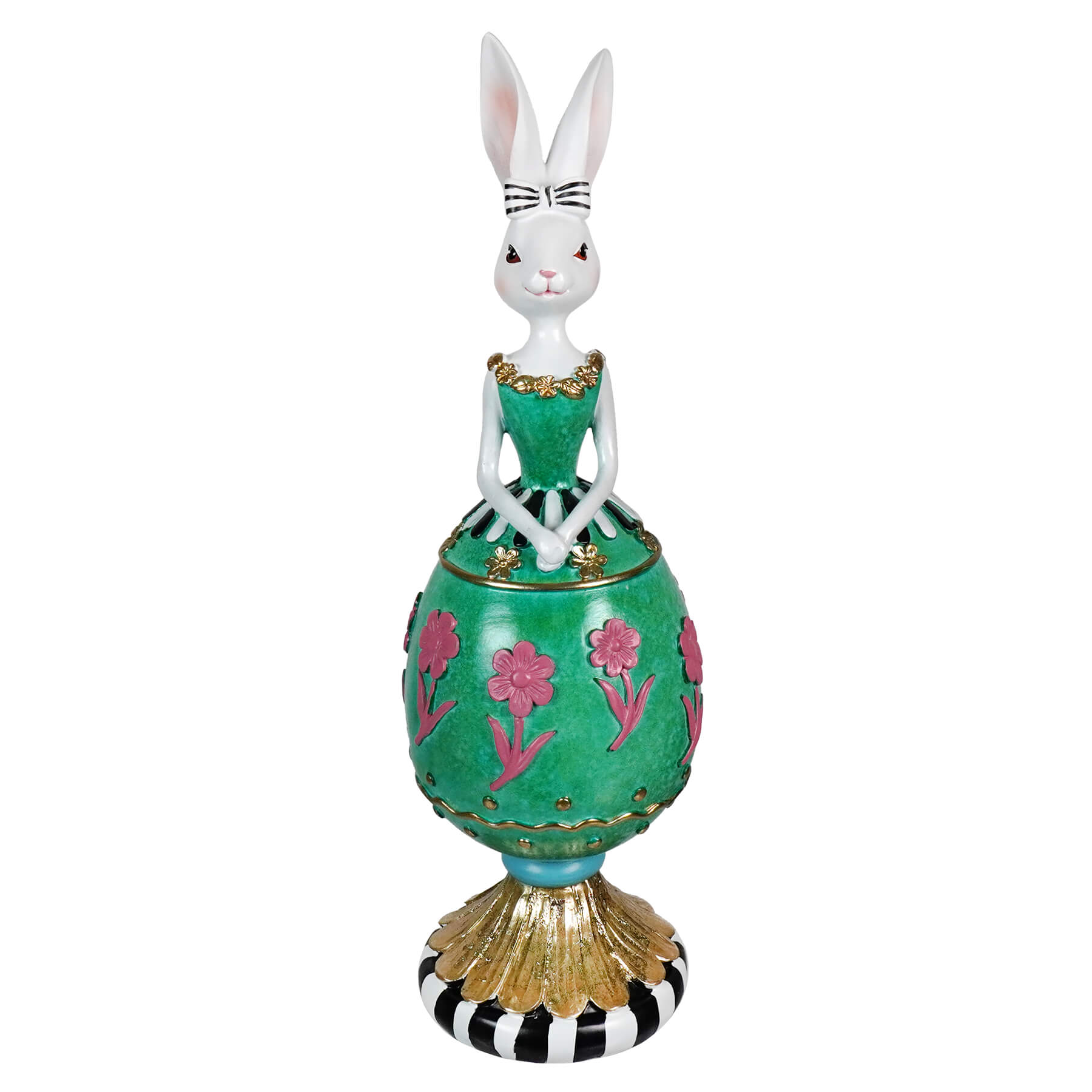 13 inch vibrant resin floral egg easter bunny statue with white rabbit and striped bow for vintage easter bunny figural decor