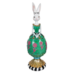 13 inch vibrant resin floral egg easter bunny statue with white rabbit and striped bow for vintage easter bunny figural decor
