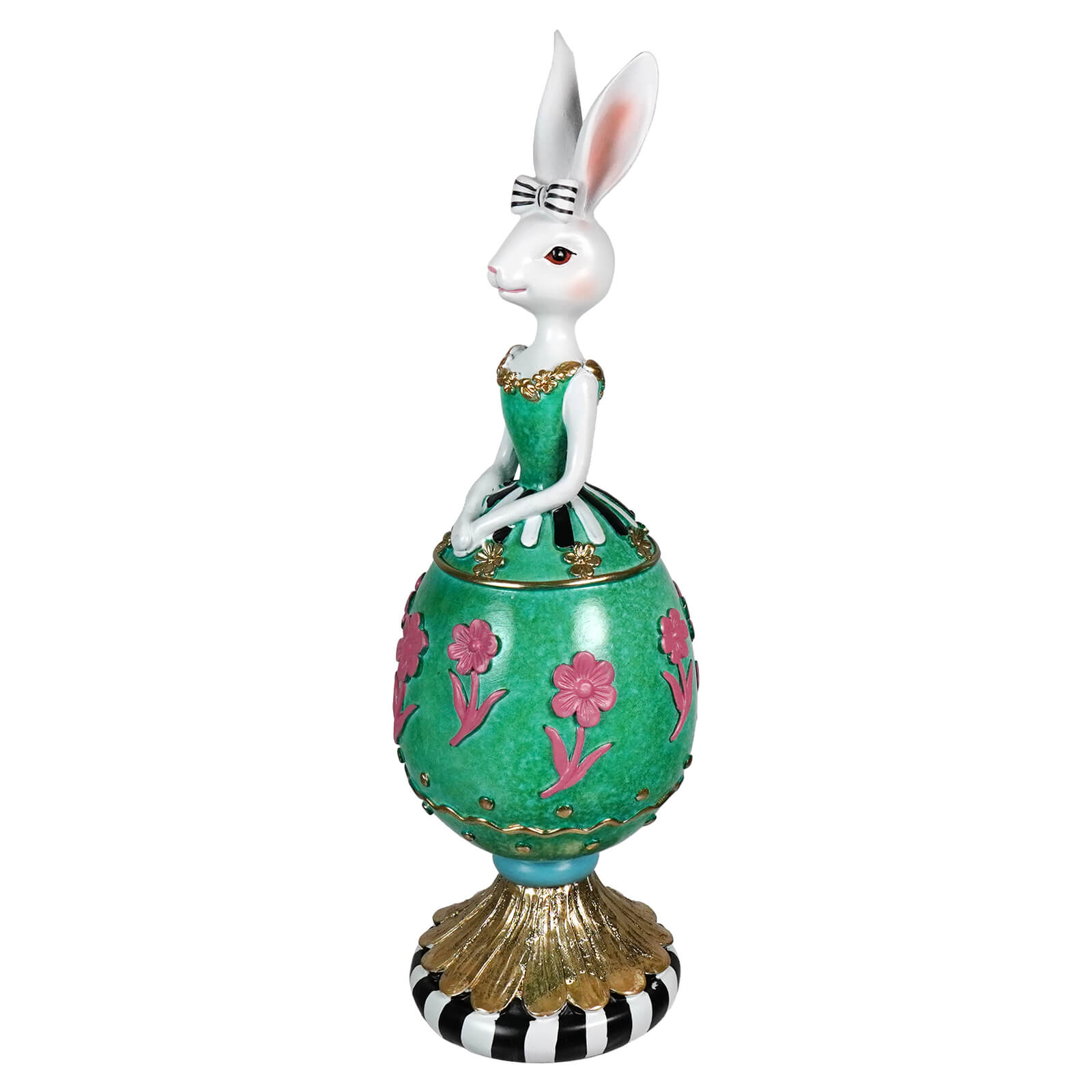 13 inch vibrant resin floral egg easter bunny statue with white figurine on green base for vintage easter bunny figural decor