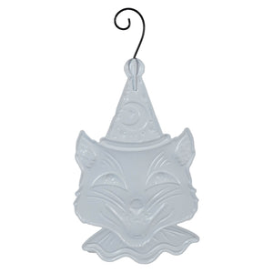 Frosted glass ornament shaped like a stylized cat face with a hanging hook.