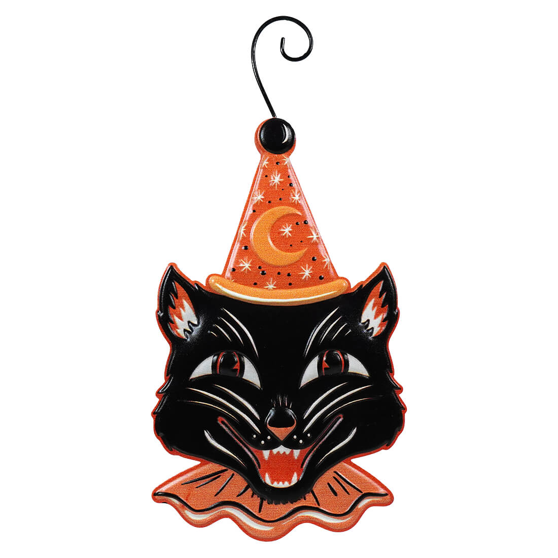 Black cat face wearing an orange pointed party hat decorated with a moon and stars.