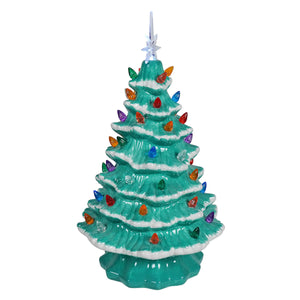 Teal lighted blue ceramic christmas tree ornament with white trim colorful bulbs and clear star topper by degrees design