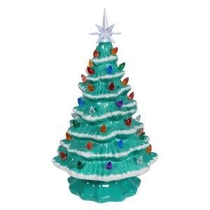 14.5 inch large lighted blue ceramic christmas tree with colorful glass bulbs and white snow trim by degrees design