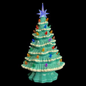 14.5 inch large lighted blue ceramic christmas tree ornament with teal color and multicolored bulbs by degrees design