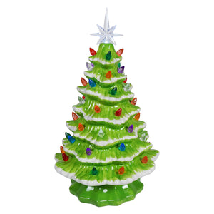 Vibrant 14.5 inch large lighted green ceramic christmas tree ornament with colorful led lights and clear star topper