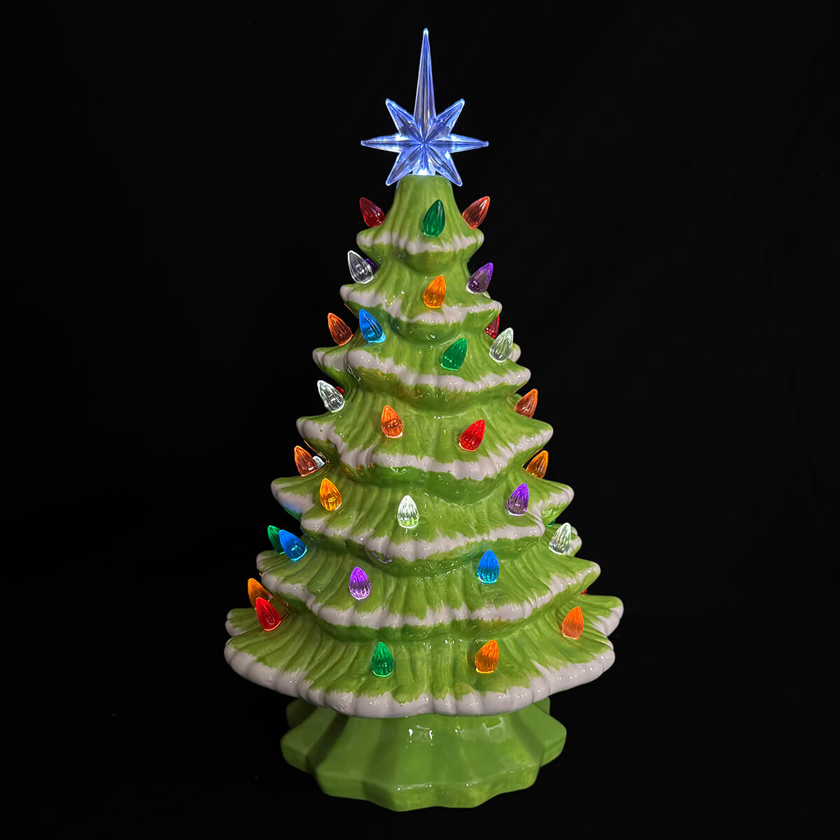 14.5 inch large lighted green ceramic christmas tree with colorful bulbs and a blue star on top