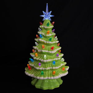 14.5 inch large lighted green ceramic christmas tree with colorful bulbs and a blue star on top