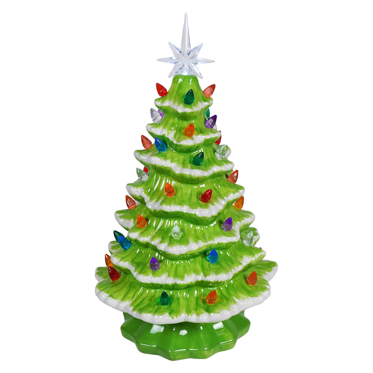 Vibrant 14.5 inch large lighted green ceramic christmas tree ornament with colorful led lights and clear star topper