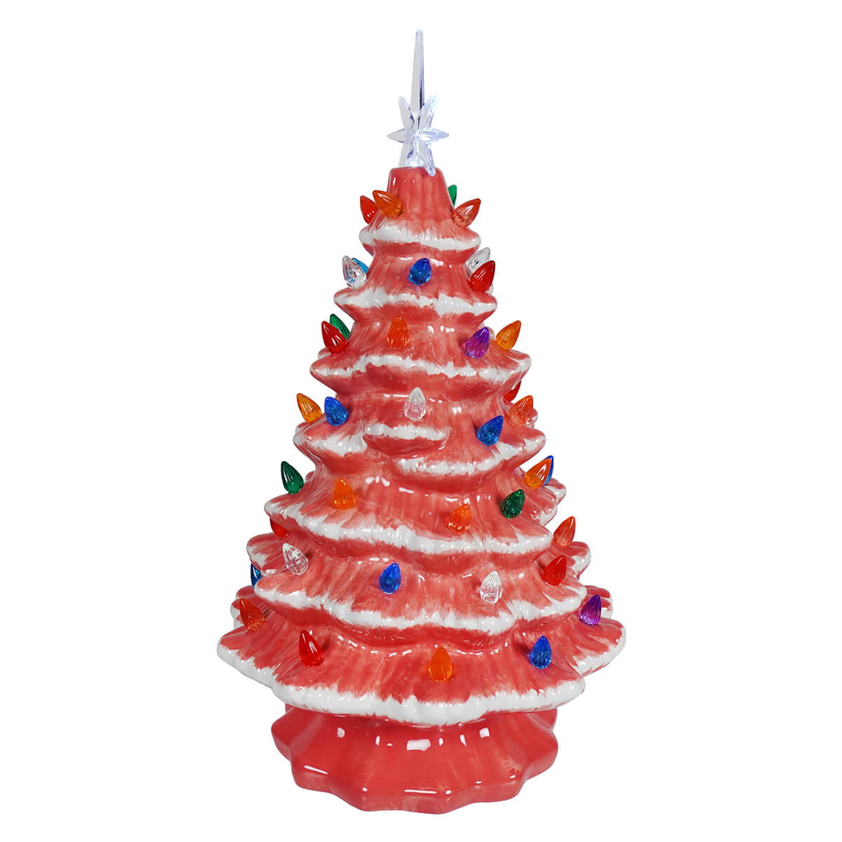 A large lighted pink ceramic christmas tree with colorful bulbs and a clear star topper from degrees design