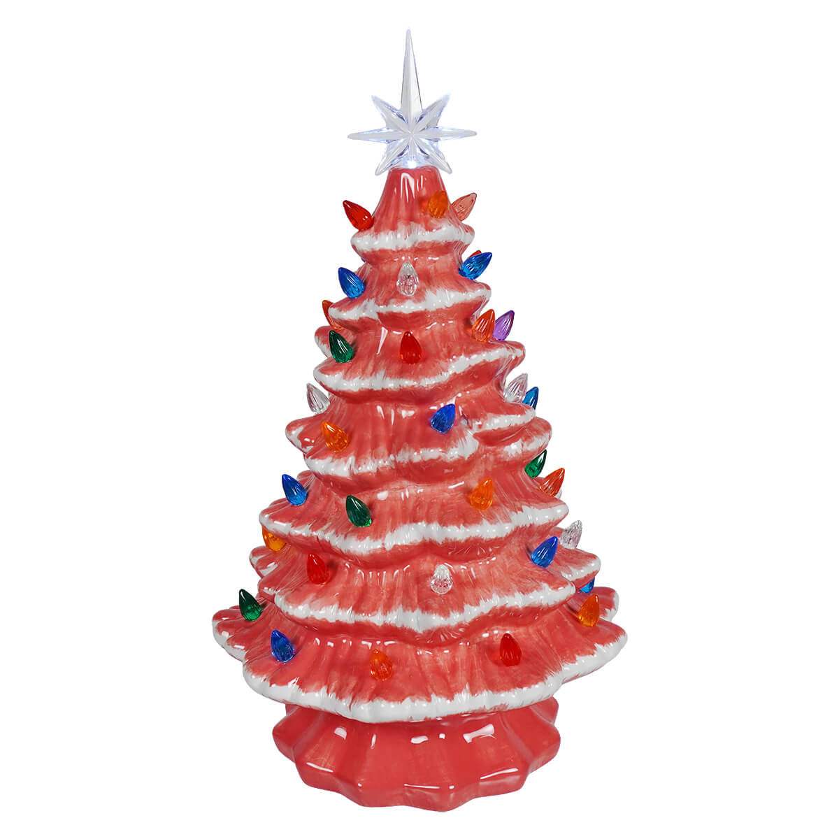 A large lighted pink ceramic christmas tree with vibrant coral color and multicolored lights by degrees design