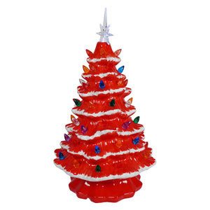 Vibrant red ceramic christmas tree with white snow-dusted tiers and colorful lights perfect for christmas tabletop decor