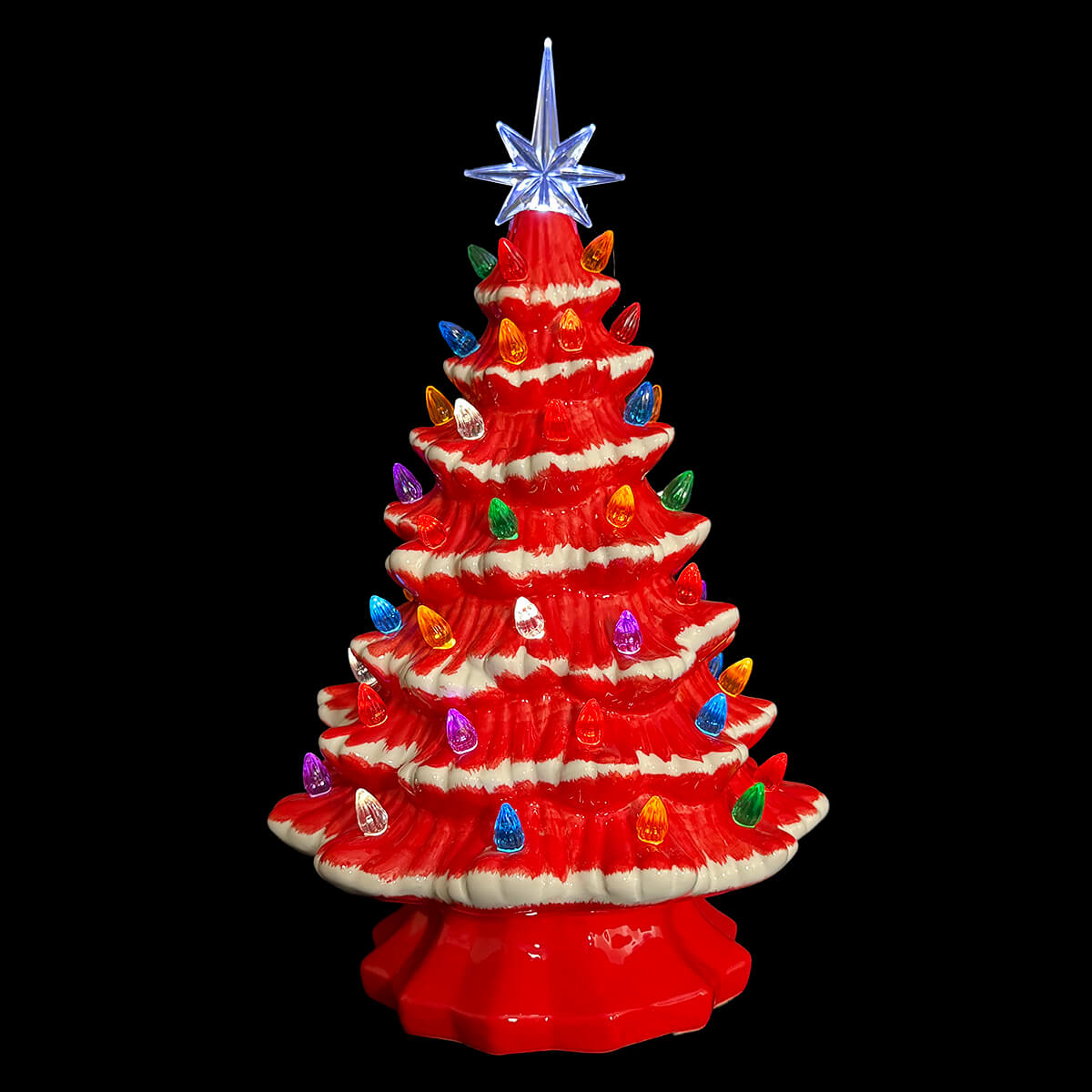 14.5 inch large lighted red ceramic christmas tree with colorful led lights and translucent blue star for tabletop decor