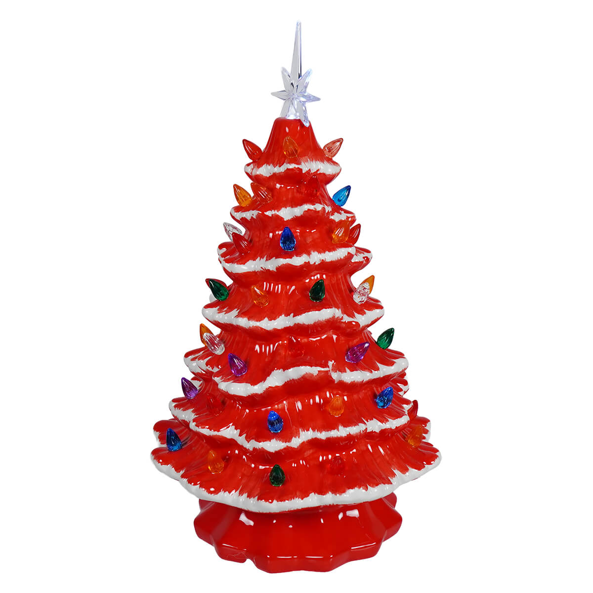 Vibrant red ceramic christmas tree with white snow-dusted tiers and colorful lights perfect for christmas tabletop decor