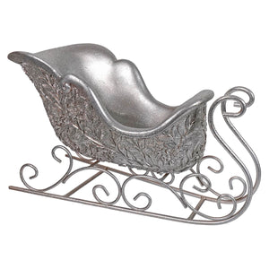 14.75 inch silver antique sleigh with silver glitter ornate leaf patterns and curved metal runners for gold & silver theme decor
