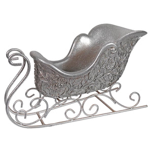 14.75 inch silver antique sleigh with silver glittery finish and ornate leaf floral embossed detailing for gold & silver theme