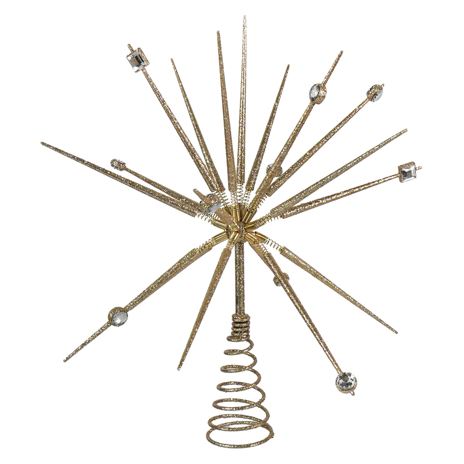 14.8 inch gold starburst thorn spring tree topper by kurt adler with glittery gold star and crystal accents on spiral base
