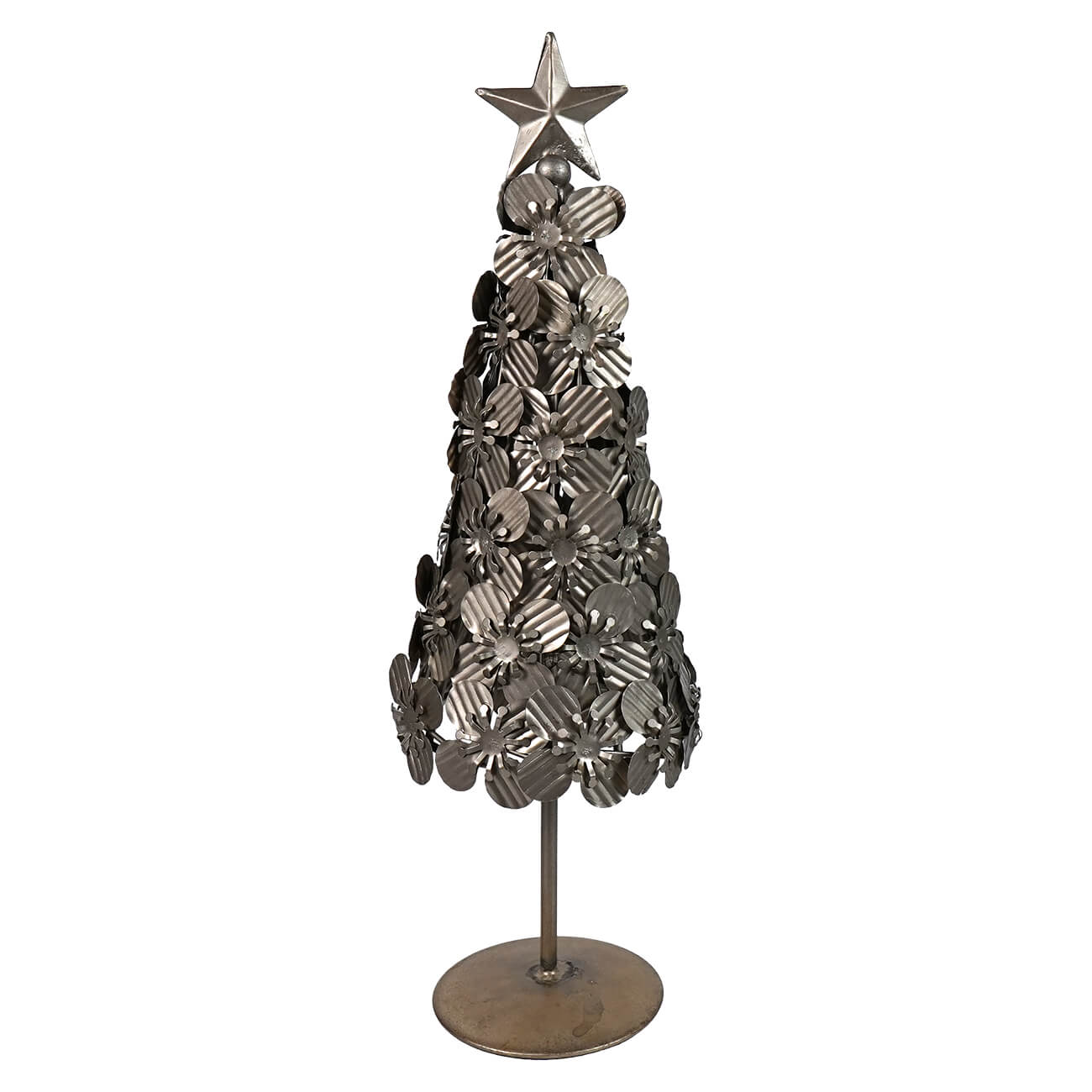 14 inch metal flowers christmas tree with antique silver finish and textured stacked flower shapes with star topper