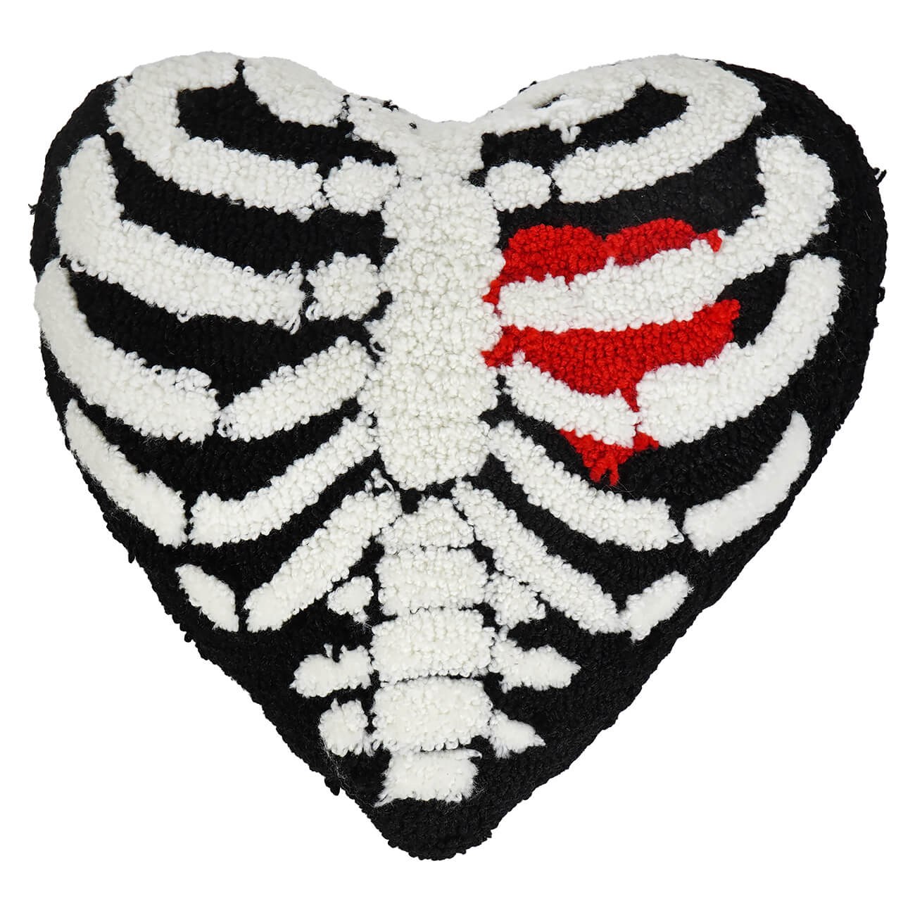 14 inch black heart shaped pillow with white stitched ribcage and red heart perfect as coffin dance shaped decor