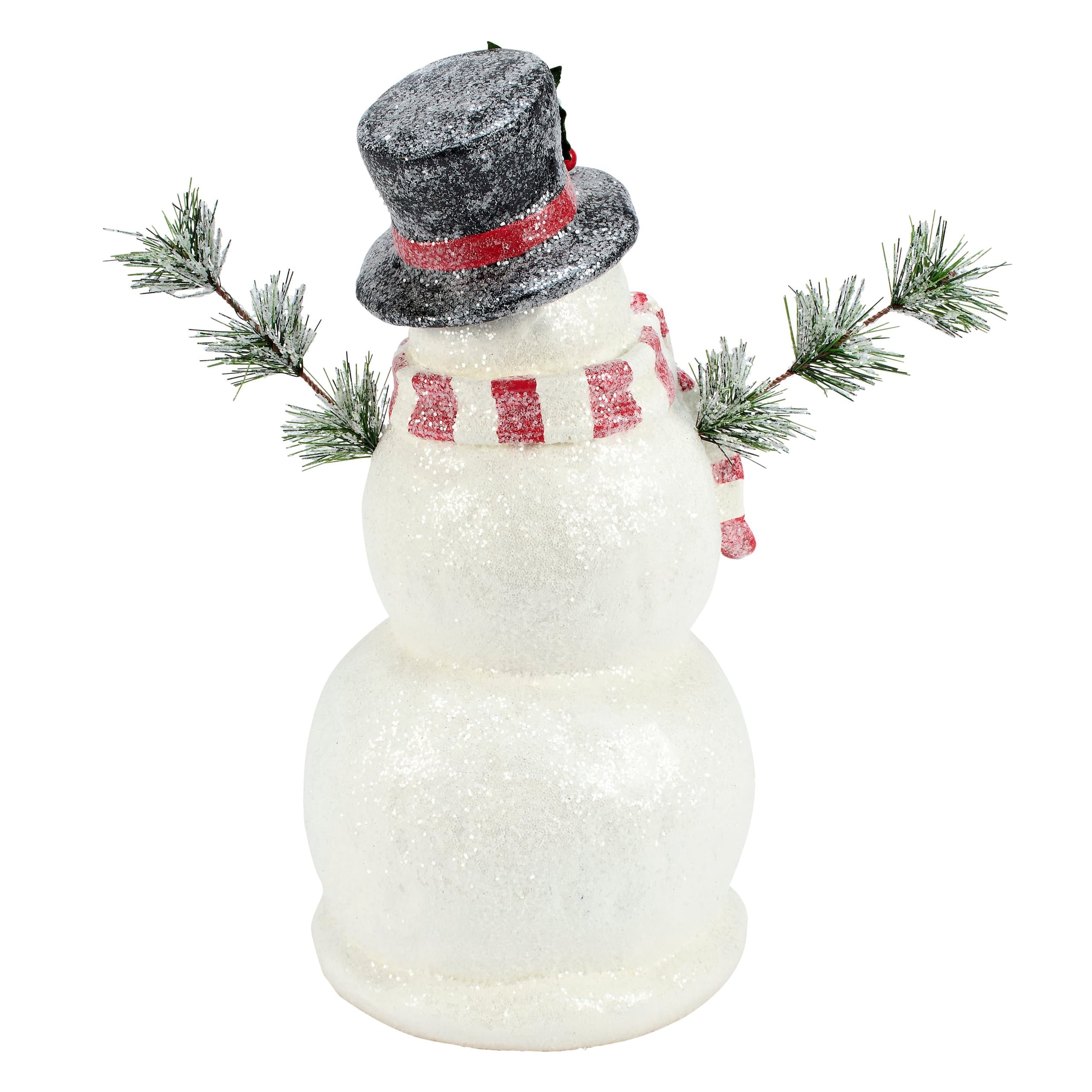 Jolly snowman figurine glittery white snowmen figurine with black top hat red scarf and pine branch decor