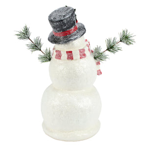 Jolly snowman figurine glittery white snowmen figurine with black top hat red scarf and pine branch decor