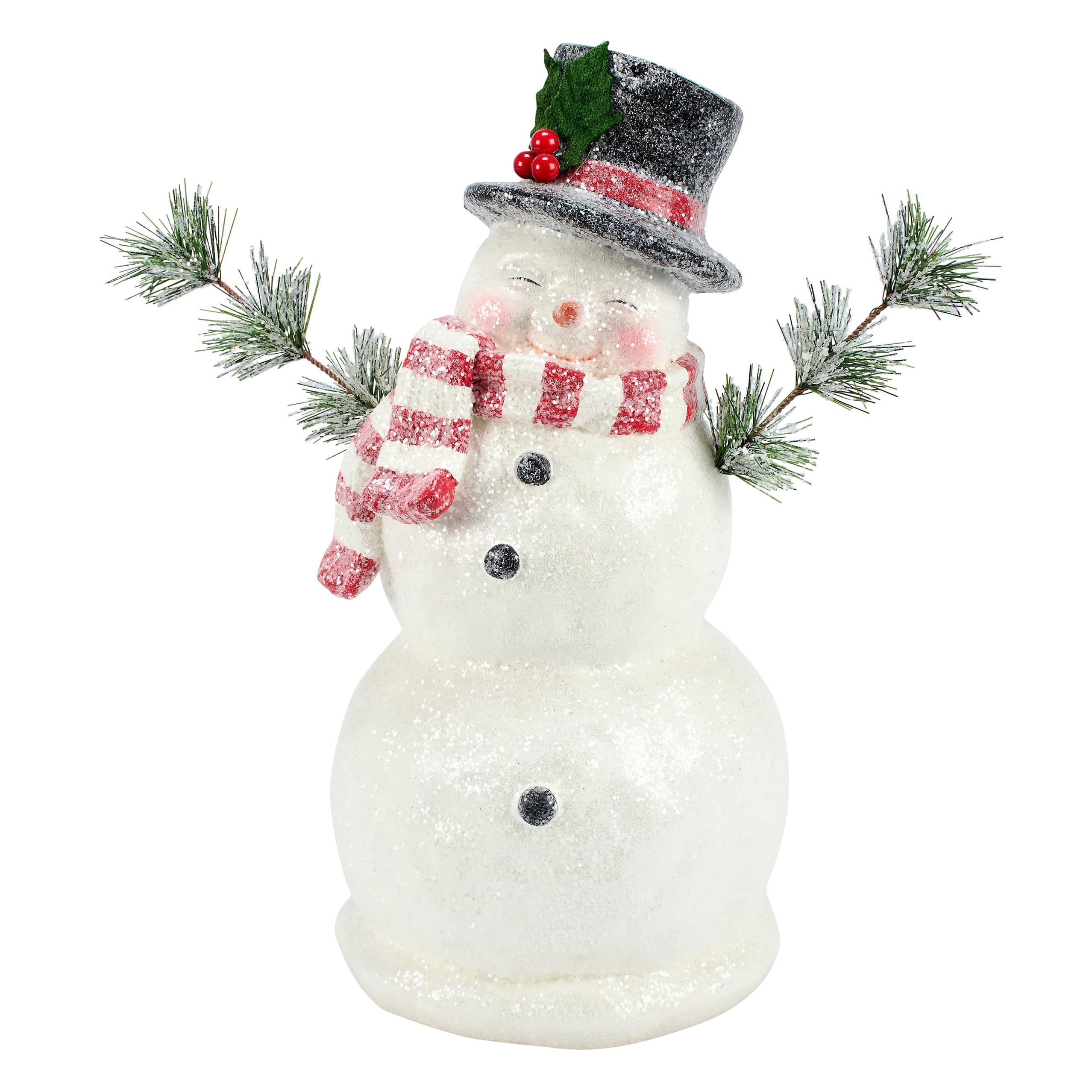 A festive white glittery jolly snowman figurine with a black top hat scarf holding pine branches christmas snowman figures decor