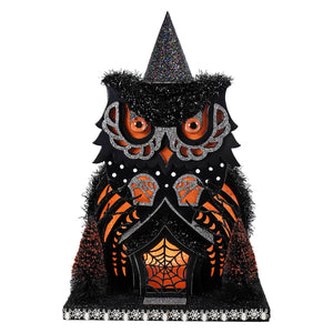 14 inch black glittery LED lighted owl with orange accents and witch hat for gothic house haunted village scene