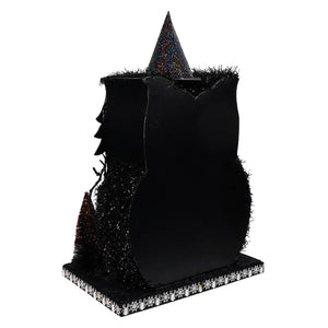 14 inch led lighted owl haunted house with black witch themed glittery cone hat for halloween lights and decor