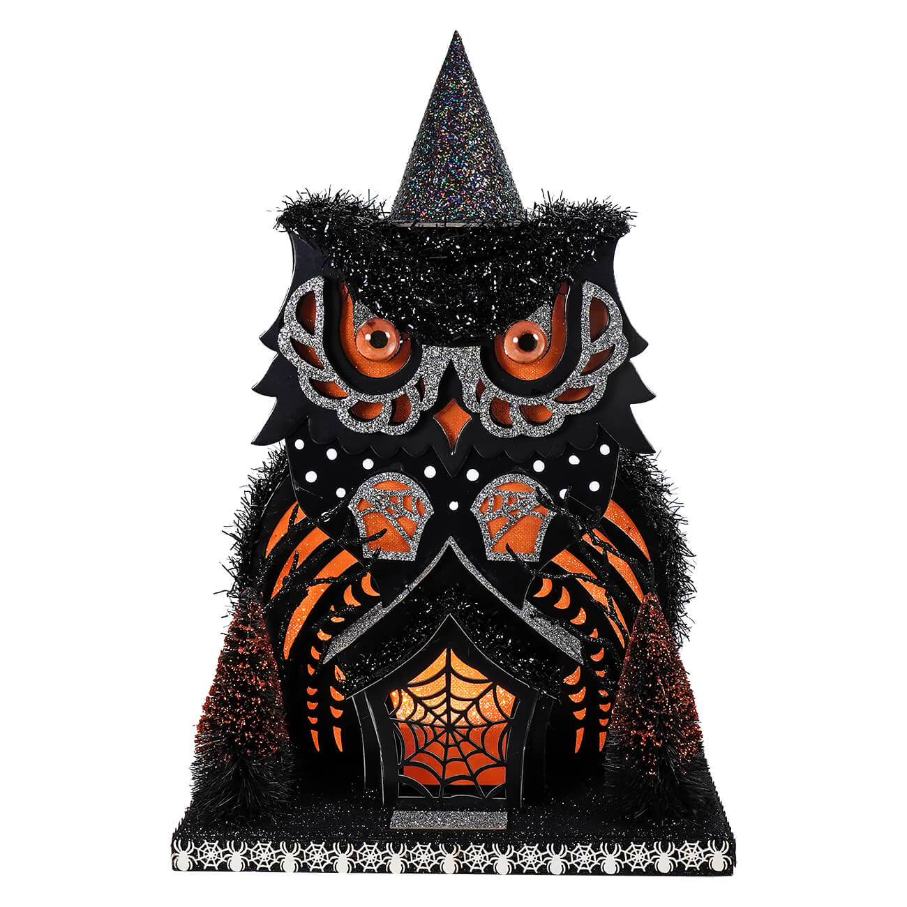 14 inch black glittery LED lighted owl with orange accents and witch hat for gothic house haunted village scene