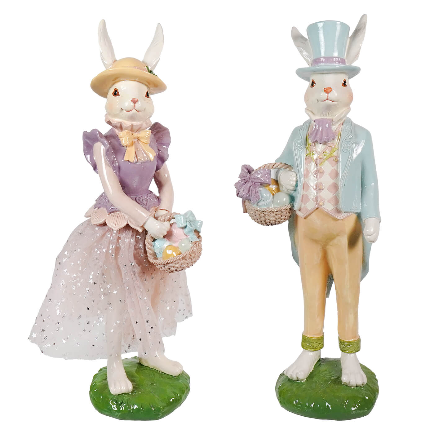 Elegant porcelain easter bunny holding basket figurines dressed in lavender and blue spreading holiday cheer