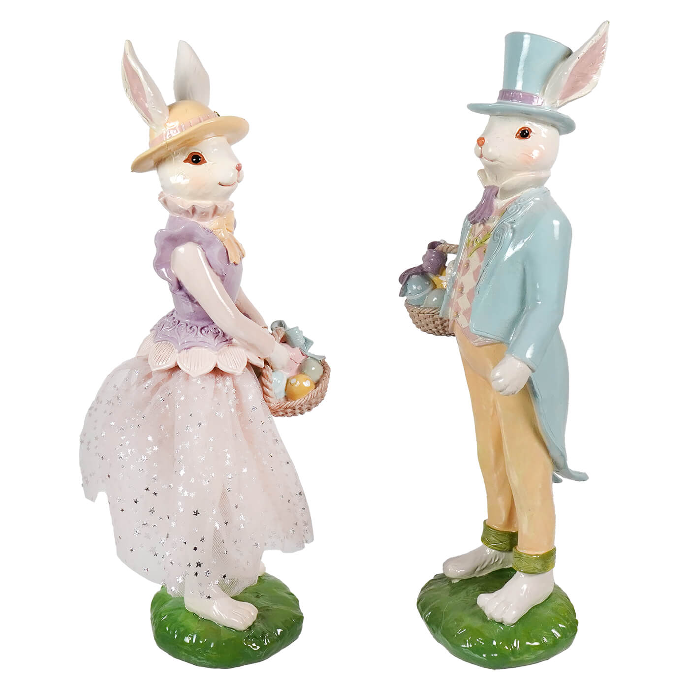 14 inch regency international easter bunny holding basket figurines in lavender pink and blue spreading holiday cheer