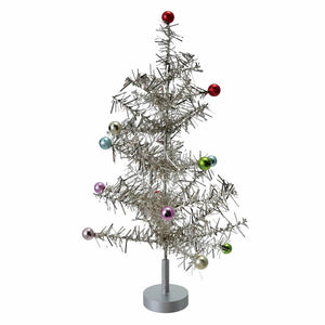 14 inch silver finish tinsel tree decorated with colorful reflective ball ornaments perfect for holiday decor