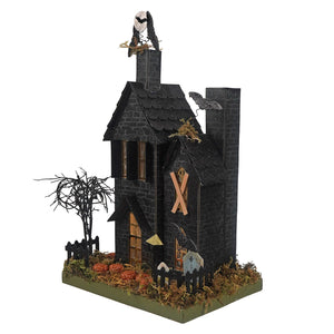14 inch spooky lighted haunted house miniature with black textured stone walls bats owl and autumn foliage perfect for a haunting halloween house