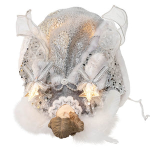 14 inch ul 10-light silver and ivory angel tree topper with glittery mask, faux fur, ribbons, and beaded star decor