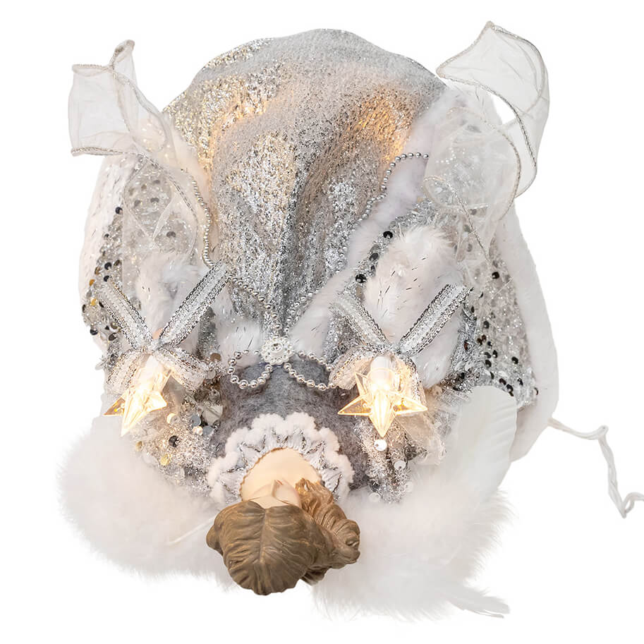 14 inch ul 10-light silver and ivory angel tree topper with glittery mask, faux fur, ribbons, and beaded star decor